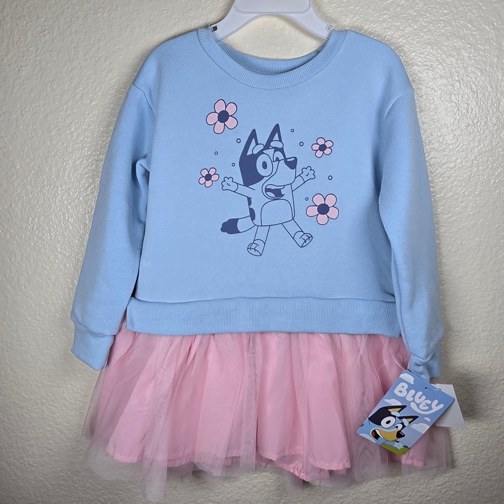 Bluey Girls Sweatshirt Tutu Dress Blue Pink Floral Fleece 3T NWT